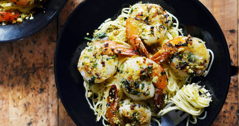 Herbed Shrimp Capellini with Spicy Bread Crumbs